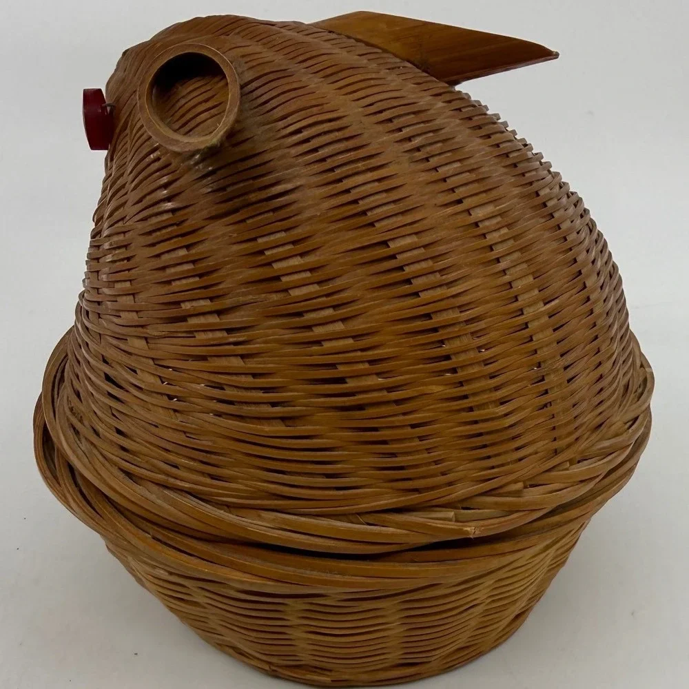 Vintage Woven Bamboo Bunny Rabbit Trinket Basket Brown Wicker Red Button Eyes